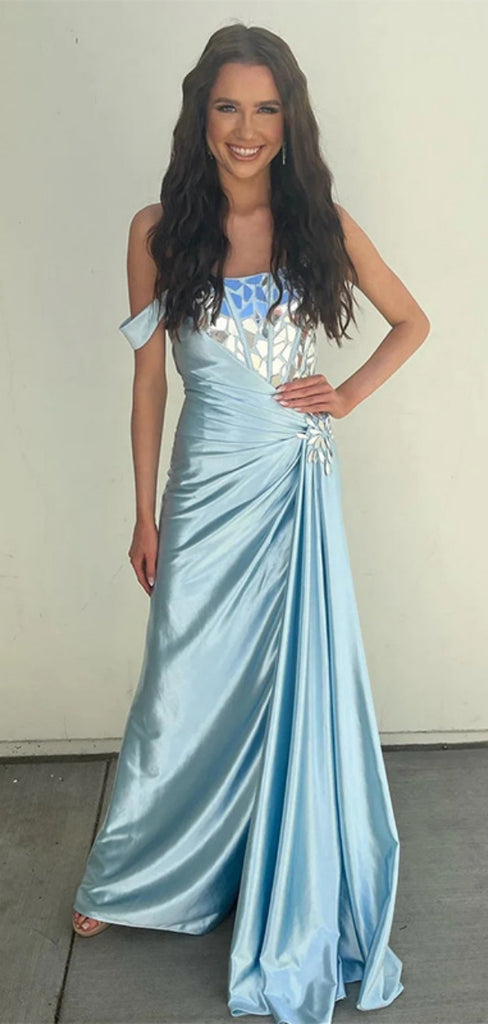 Sexy Off-shoulder Sleeveless Mermaid Satin Long Prom Dresses For Party, PG262