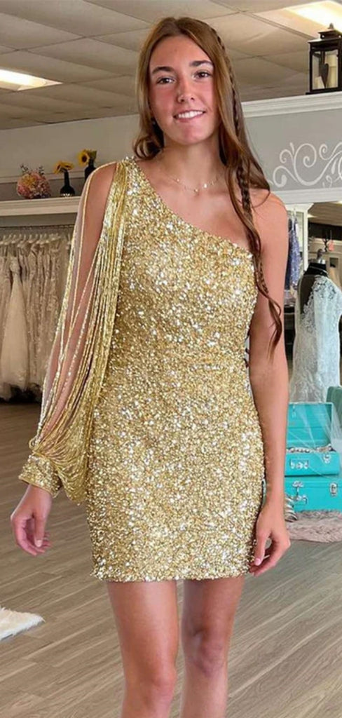 Shiny One-shoulder Short Mermaid Sequin Homecoming Dresses For Party, PGH155