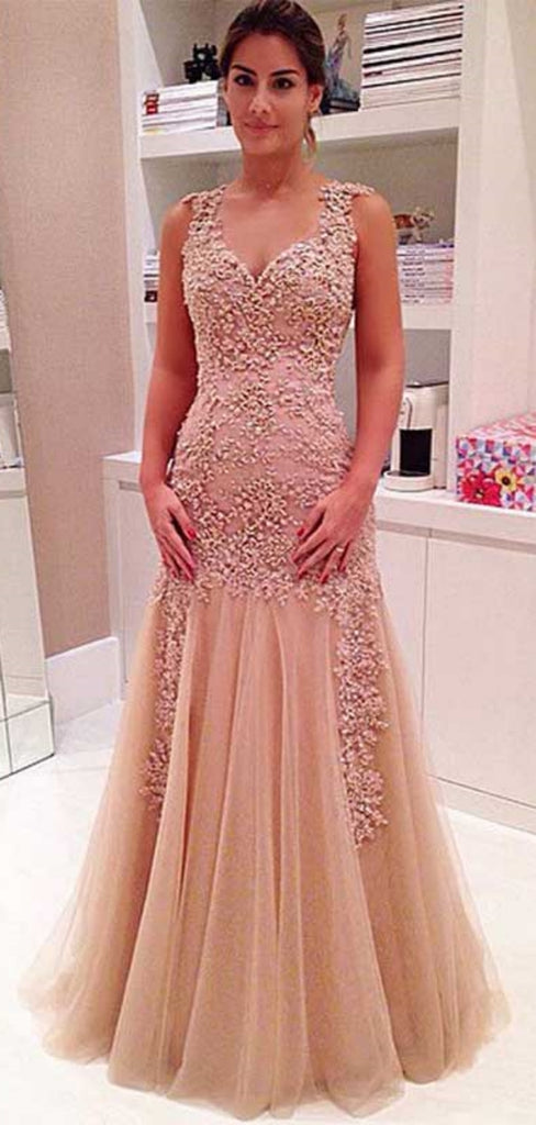 Elegant Spaghetti Strap Sleeveless A-line Lace Long Prom Dresses For Party, PG363