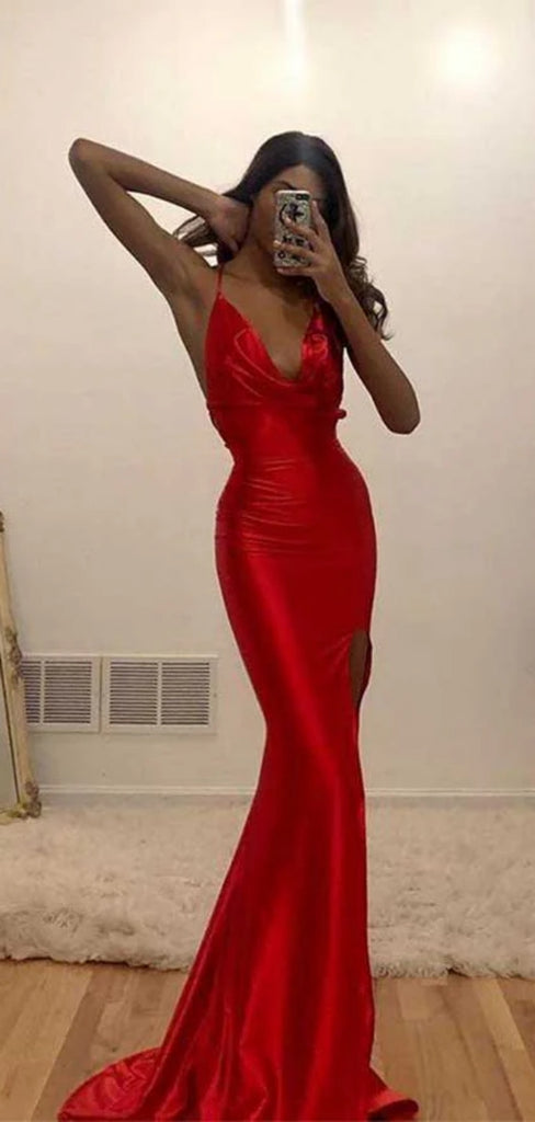 Sexy V-neck Sleeveless Mermaid Satin Long Prom Dresses With Trailing For Party, PG359
