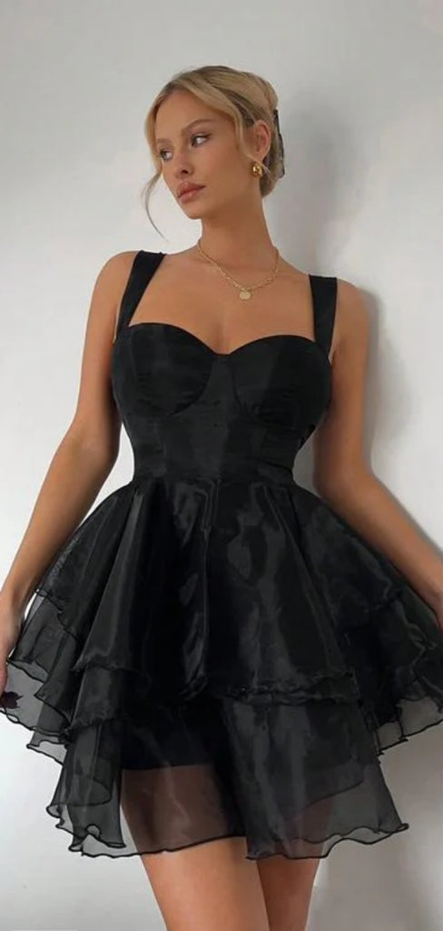 Sexy Spaghetti Strap Sleeveless A-line Tulle Black Short Homecoming Dresses For Party, PGH395