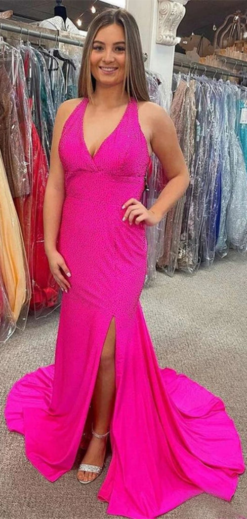 Sexy Halter Strap V-neck Mermaid Sleeveless With Trailing Long Prom Dresses For Party, PG134