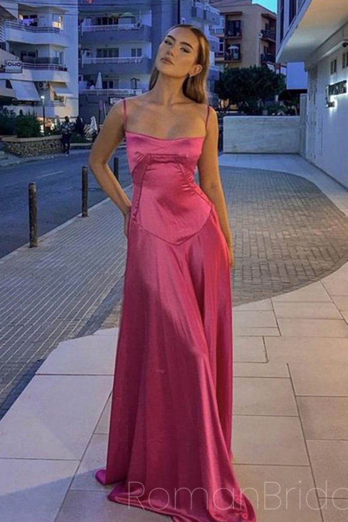 Soft Spaghetti Strap Sleeveless A-line Satin Long Prom Dresses For Party, PG459