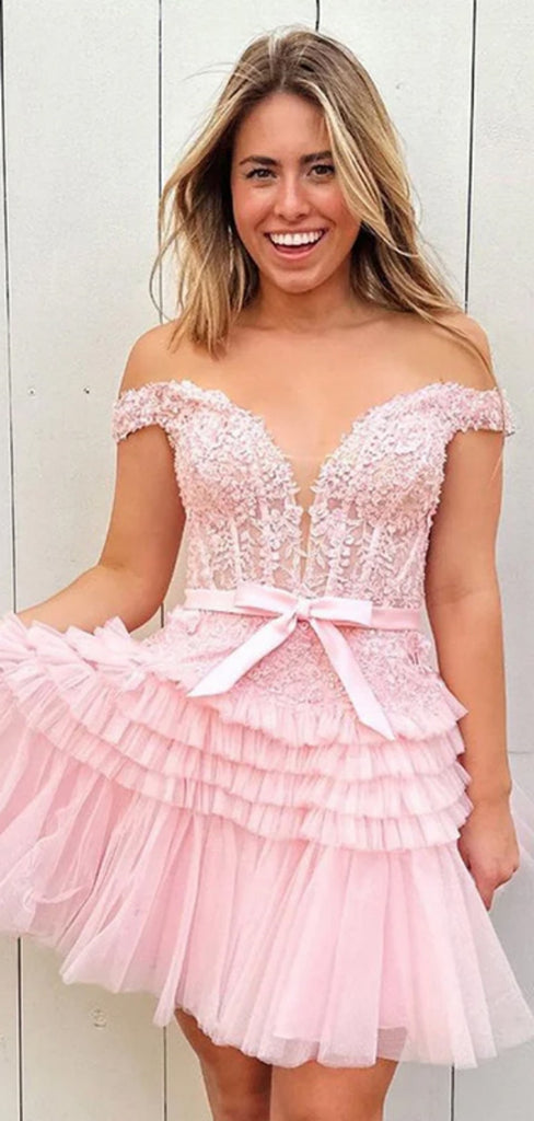 Elegant Off-shoulder Sleeveless Short Tulle A-line Pink Homecoming Dresses For Party, PGH191