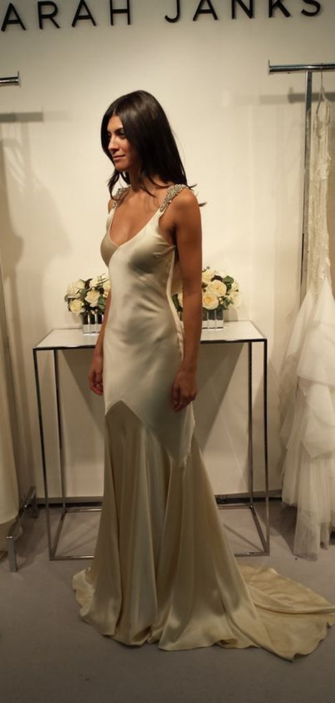 Sexy V-neck Sleeveless Mermaid Satin Long Prom Dresses For Party, PG709