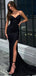 Sexy V-neck Sleeveless Satin Black Mermaid Long Prom Dresses With Side Slit For Party, PG203