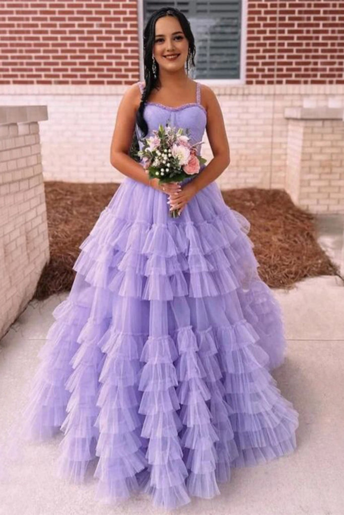 Elegant Spaghetti Strap Sleeveless A-line Tulle Long Prom Dresses For Party, PG525