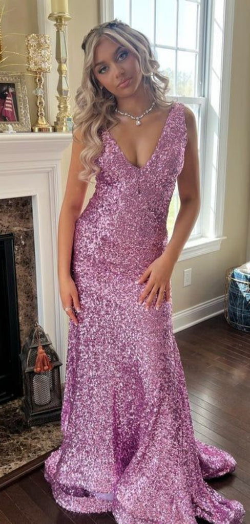 Elegant V-neck Sleeveless Mermaid Sequin Long Prom Dresses For Party, PG779