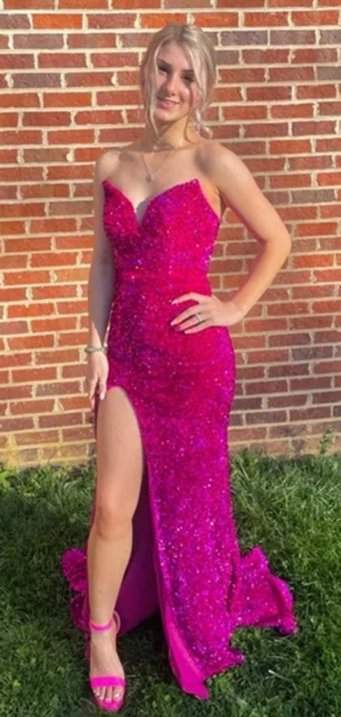 Sexy Sweetheart V-neck Mermaid Sleeveless With Front Slit Long Prom Dresses For Party, PG131