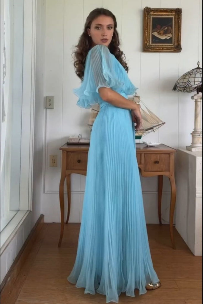 Soft Halter Half Sleeve A-line Chiffon Long Prom Dresses For Party, PG884