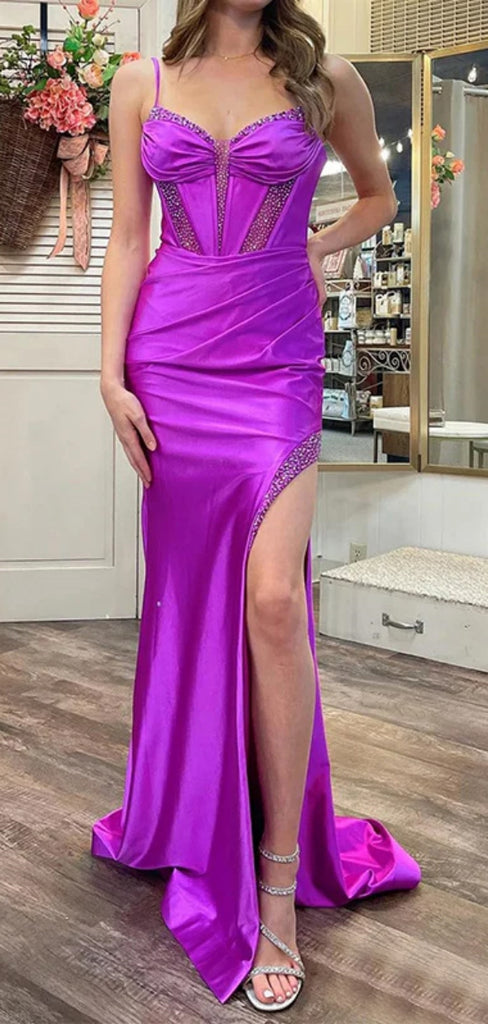 Sexy Spaghetti Strap Mermaid Sleeveless With Side Slit Long Prom Dresses For Party, PG99