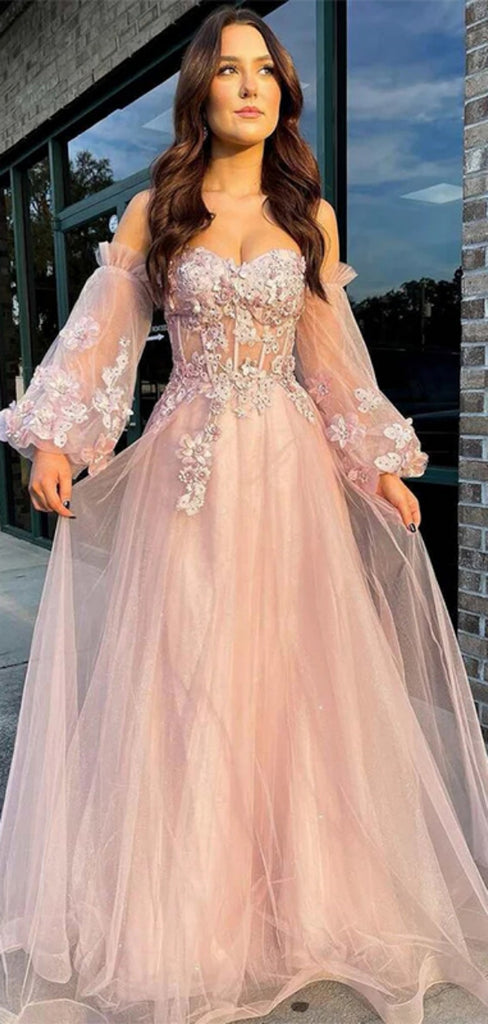 Unique Off-shoulder Full Sleeve A-line Tulle Long Prom Dresses For Party, PG275