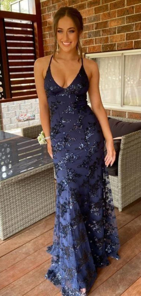 Floral Spaghetti Strap V-neck Sleeveless Mermaid Tulle Long Prom Dresses For Party, PG415