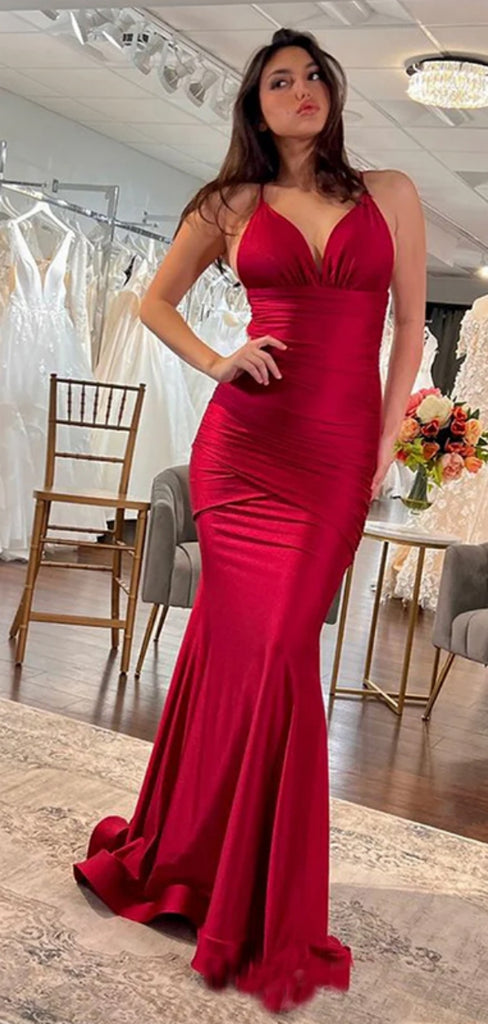 Sexy V-neck Spaghetti Strap Mermaid Sleeveless Prom Dresses With Trailing For Party, PG155