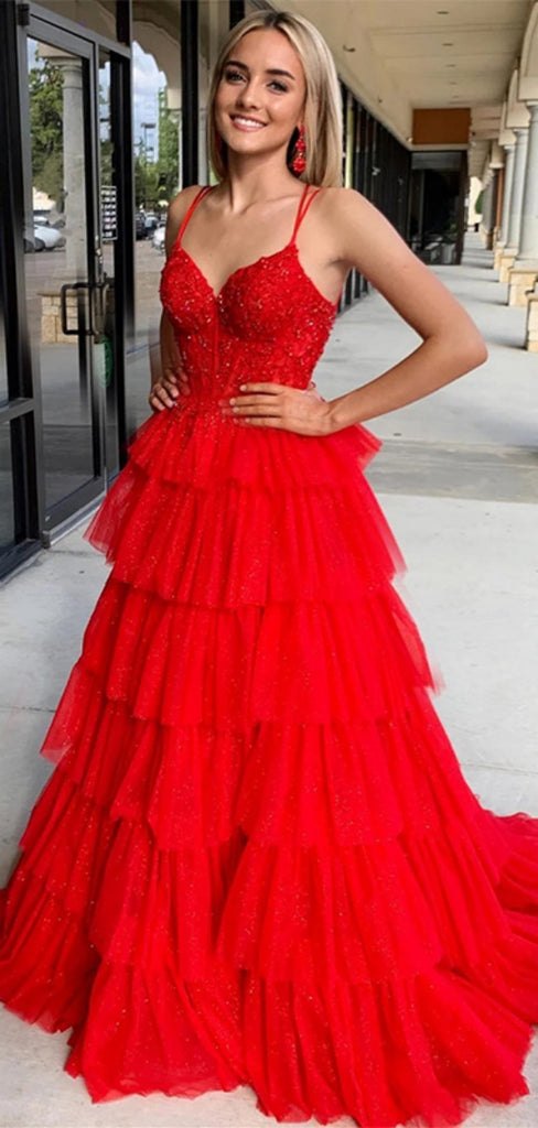 Formal Spaghetti Strap Sleeveless Red Tulle A-line Long Prom Dresses With Trailing For Party, PG247