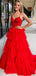 Formal Spaghetti Strap Sleeveless Red Tulle A-line Long Prom Dresses With Trailing For Party, PG247