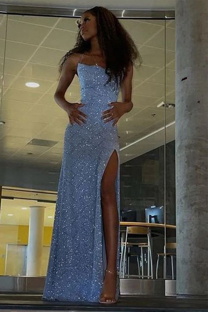 Shiny Spaghetti Strap Sleeveless Mermaid Sequin Long Prom Dresses For Party, PG601