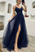 Shiny Spaghetti Strap V-neck Sleeveless A-line Tulle Long Prom Dresses For Party, PG455