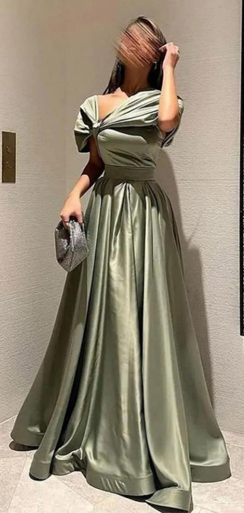 Formal Off shoulder Sleeveless A-line Satin Long Prom Dresses For Party, PG659