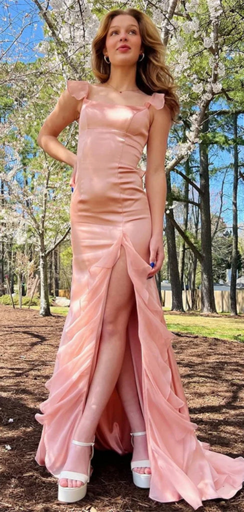 Sexy Spaghetti Strap Sleeveless Mermaid Satin Long Prom Dresses With Trailing For Party, PG231