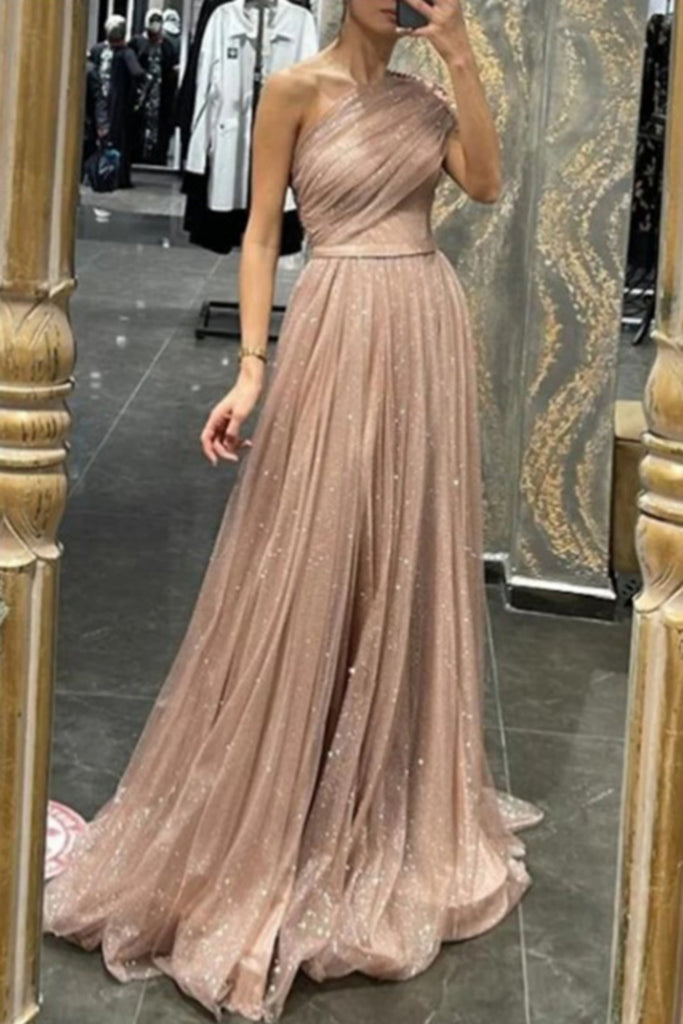 Shiny One-shoulder Sleeveless A-line Sequin Long Prom Dresses With Trailing For Party, PG451