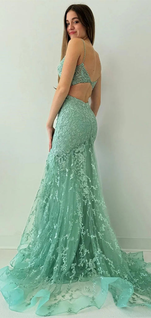 Gorgeous Spaghetti Strap Sleeveless Tulle Mermaid Lace Long Prom Dresses With Trailing For Party, PG240