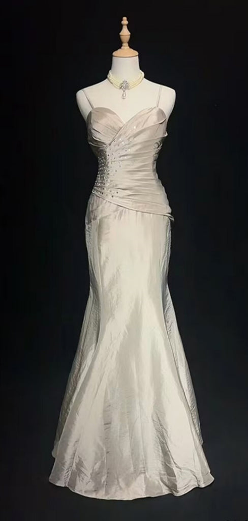 Sexy Spaghetti Strap Sleeveless Mermaid Satin Long Prom Dresses For Party, PG287