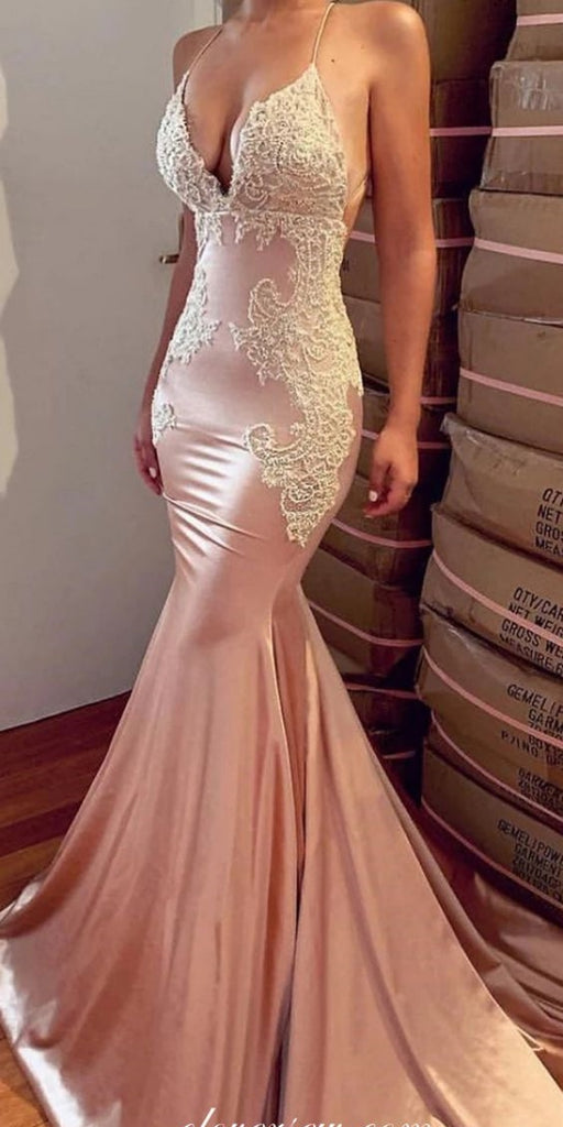 Sexy Spaghetti Strap Sleeveless Mermaid Satin Long Prom Dresses For Party, PG533