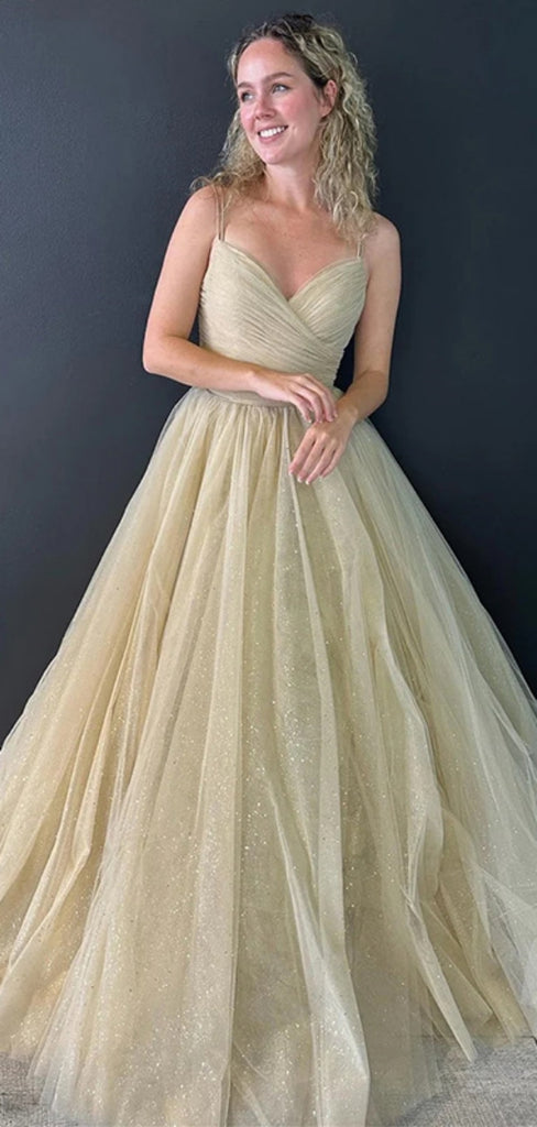 Formal Spaghetti Strap V-neck Sleeveless A-line Tulle Long Prom Dresses For Party, PG259