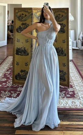 Soft Halter Sleeveless A-line Chiffon Long Prom Dresses For Party, PG1002