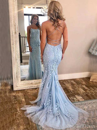 Unique Spaghetti Strap Sleeveless Mermaid Lace Long Prom Dresses With Trailing For Party, PG371