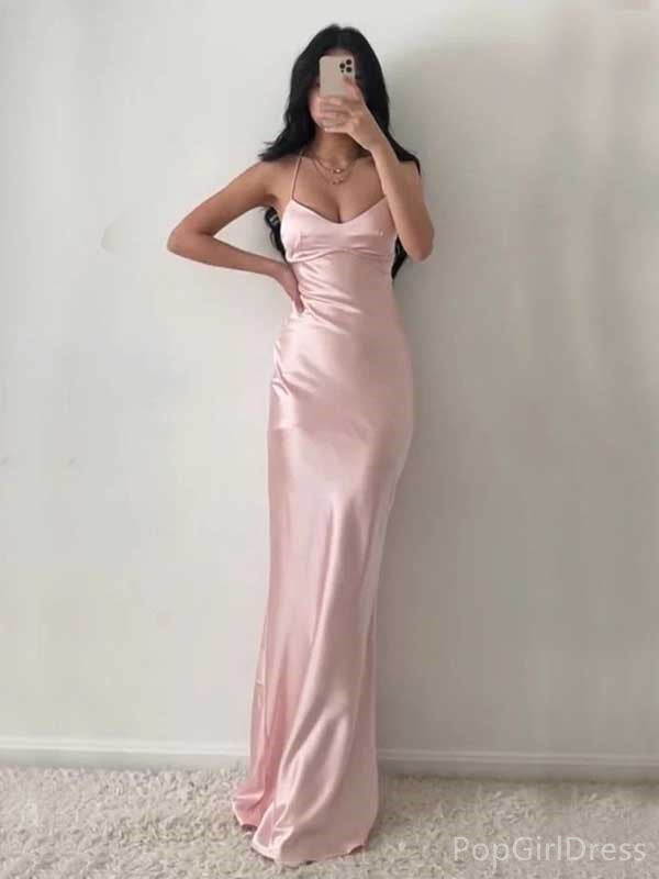 Soft Spaghetti Strap Sleeveless Mermaid Satin Long Prom Dresses For Party, PG395