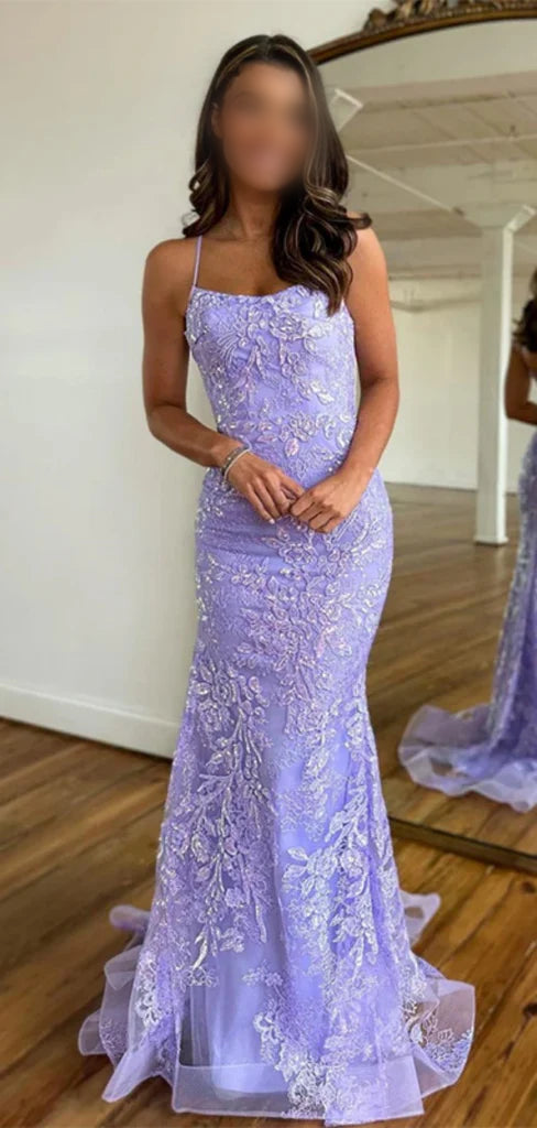 Sexy Spaghetti Strap Mermaid Lace Long Prom Dresses With Trailing For Party, PG221