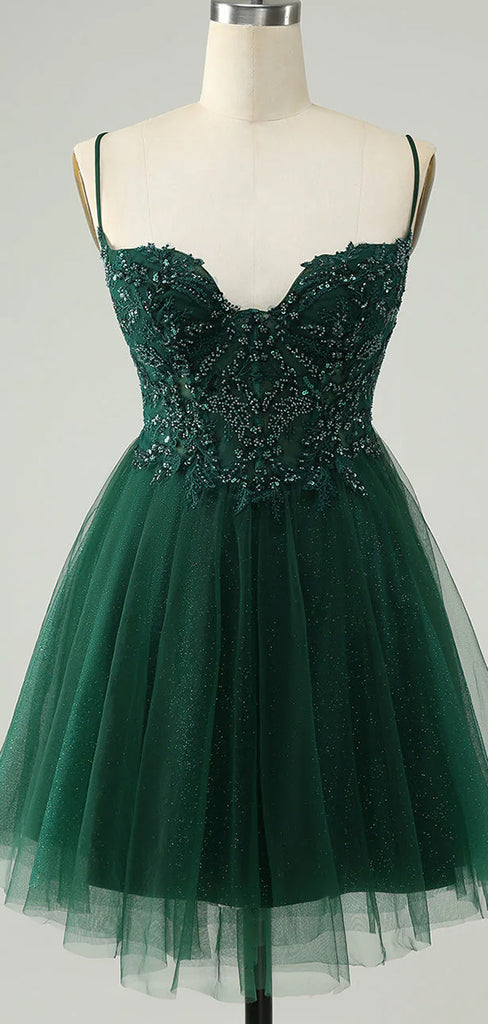 Gorgeous Spaghetti Strap Sleeveless Short A-line Dark Green Homecoming Dresses, PGH55