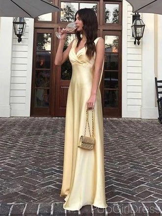 Sexy V-neck Sleeveless A-line Satin Long Prom Dresses For Party, PG783