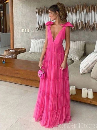 Formal V-neck Sleeveless A-line Satin Long Prom Dresses For Party, PG689