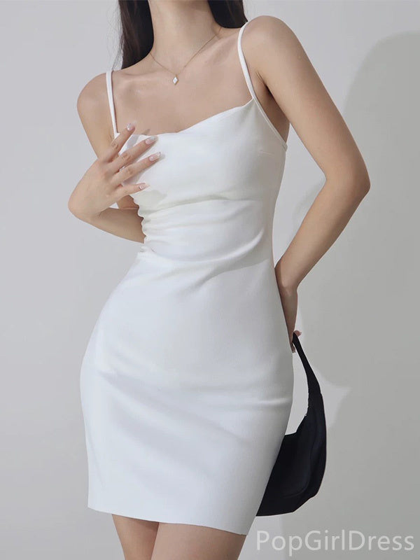 Sexy Spaghetti Strap Sleeveless Mermaid Satin Short White Homecoming Dresses For Party, PGH367