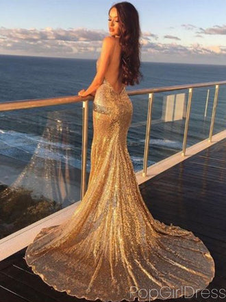 Unique Spaghetti Strap Sleeveless Mermaid Sequin Gold Long Prom Dresses For Party, PG549
