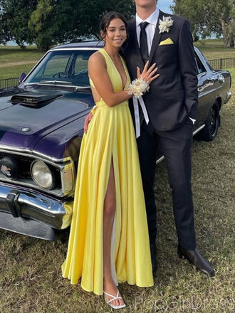 Soft V-neck Sleeveless A-line Satin Long Prom Dresses For Party, PG561