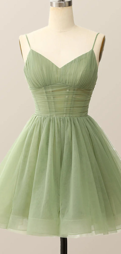 Gorgeous V-neck Spaghetti Strap Sleeveless Short A-line Green Homecoming Dresses, PGH54