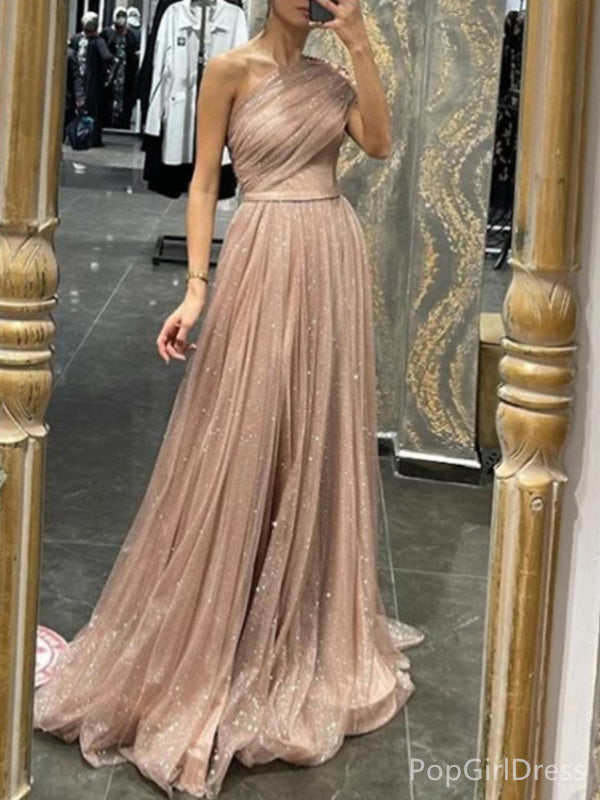 Shiny One-shoulder Sleeveless A-line Sequin Long Prom Dresses With Trailing For Party, PG451