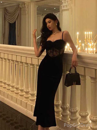Sexy Spaghetti Strap Sleeveless Mermaid Satin Black Long Prom Dresses For Party, PG399