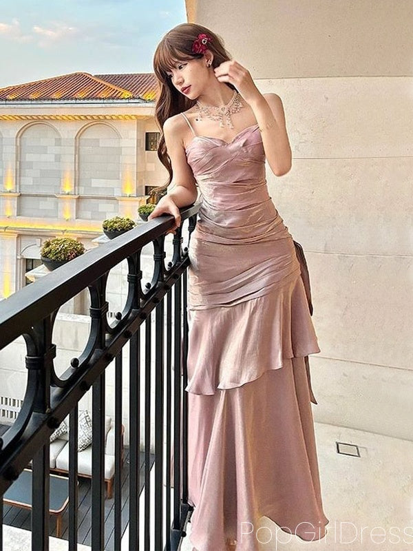 Soft Spaghetti Strap Sleeveless Mermaid Satin Long Prom Dresses For Party, PG589