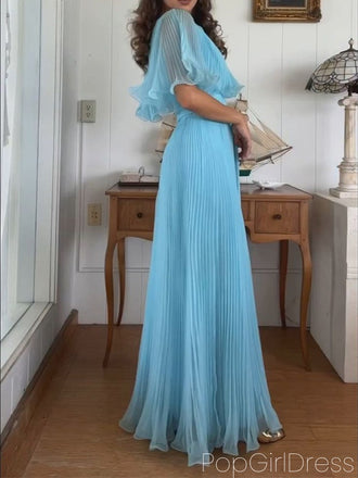 Soft Halter Half Sleeve A-line Chiffon Long Prom Dresses For Party, PG884