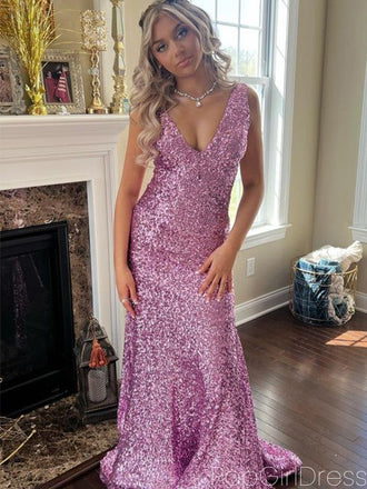 Elegant V-neck Sleeveless Mermaid Sequin Long Prom Dresses For Party, PG779