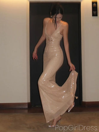 Shiny V-neck Sleeveless Mermaid Sequin Long Prom Dresses For Party, PG980