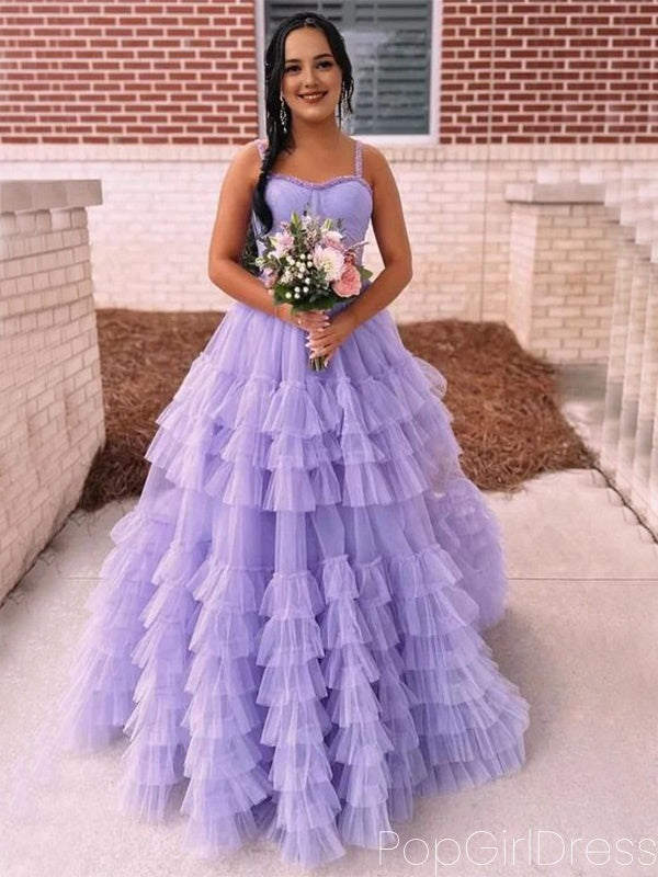 Elegant Spaghetti Strap Sleeveless A-line Tulle Long Prom Dresses For Party, PG525