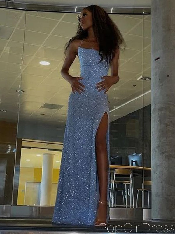 Shiny Spaghetti Strap Sleeveless Mermaid Sequin Long Prom Dresses For Party, PG601