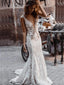 Elegant V-neck Sleeveless Mermaid White Lace Long Wedding Dresses With Trailing, PGW23