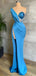 Sexy One Shoulder Sleeveless Mermaid Blue Long Prom Dresses With Side Split, PG09